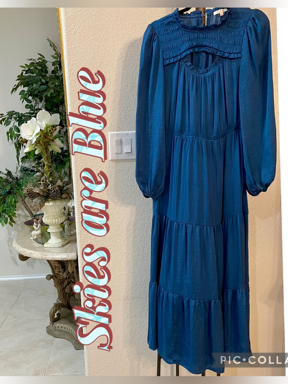 Dillards Skies are Blue tiered ruffle detail Maxi w balloon sleeves SZ M Blue